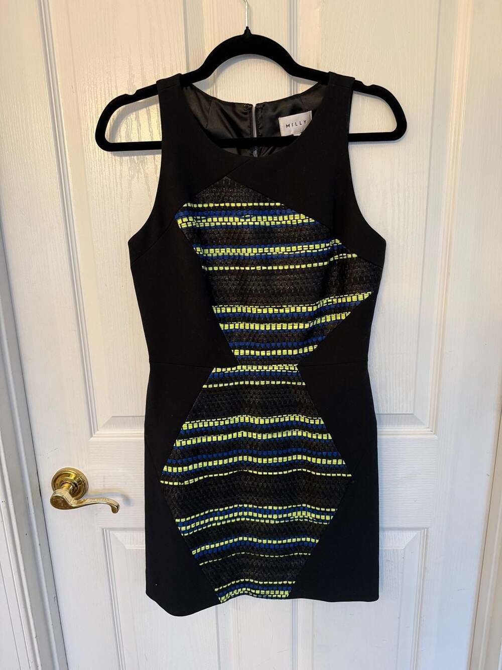 Milly Black Neon Geometric Tweed Knit Sleeveless Sheath Dress Size 6